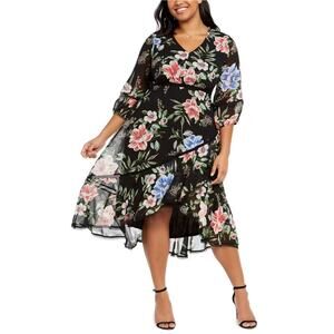 Taylor Woman Black Maui Rose Tiered Ruffle Chiffon Midi Dress NWT Size 20W